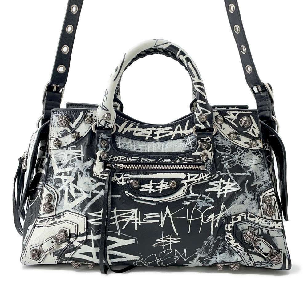 Balenciaga Neo Cagol Graffiti Lambskin Handbag Shoulder Bag Black White
